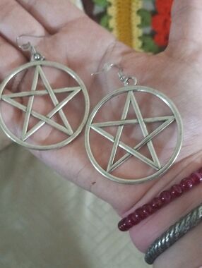 Silver-Tone Pentagram Hoop Dangle Earrings
